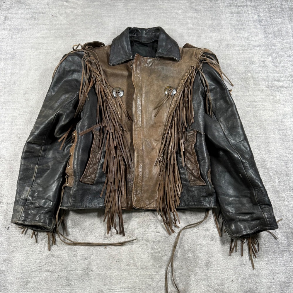 Vtg Leather Jacket Mens Small Black 2 Toned Fringe Biker Western Harley Patch